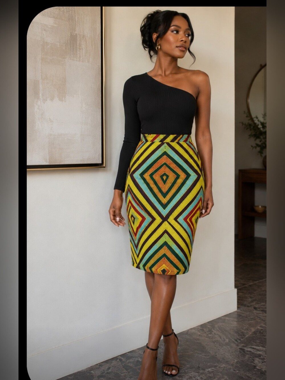 Geometric Diamond-Print Midi Skirt in Yellow and Green